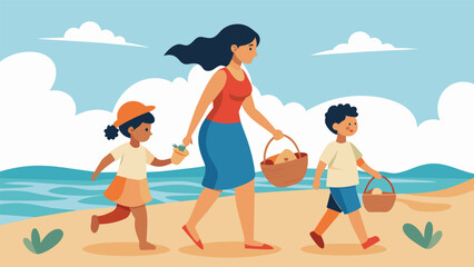 A mother and her two children walking along a beach the youngest proudly carrying a basket filled with snacks and activities for a beach picnic