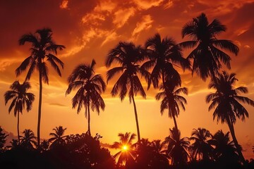 Fototapeta na wymiar silhouette of palm trees against fiery orange sunset sky tropical paradise landscape