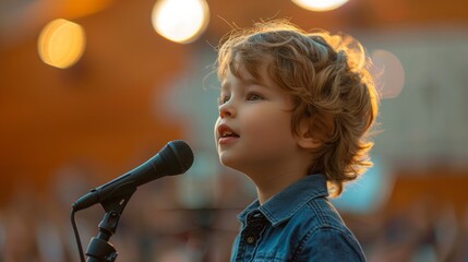 boy seven years old child hold microphone. Talent competition, public speaking