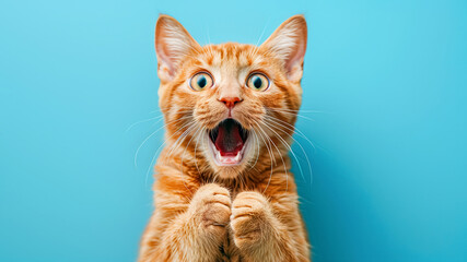 Funny ginger cat with a surprised expression on a blue background. A shocked tabby cat with its mouth open. Funny animals concept.