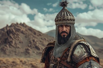 Medieval era Persian soldier, desert in the background. - obrazy, fototapety, plakaty