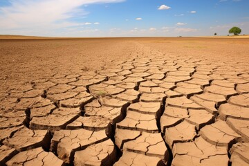 An expansive cracked desert ground stretches under a clear blue sky, portraying severe drought conditions. Cracked Dry Desert Ground Under Blue Sky