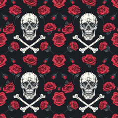 Vintage roses and skull hand-drawn design, perfect for creating eye-catching fabric, wallpaper, and poster backgrounds