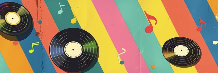 Retro 80s vinyl record on colorful background, music and nostalgia concept.