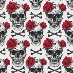 Rustic and edgy skull and roses motif, ideal for adding personality to textile, wallpaper, and poster designs