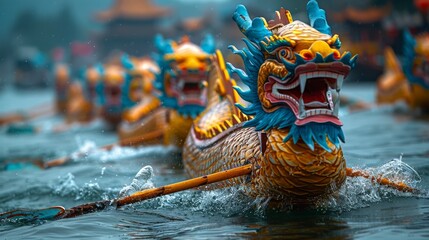 Majestic Dragon Boats Dance on the Water. Generative AI