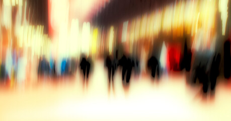 City, blurred and person walking for nightlife with motion, population and social demographics....