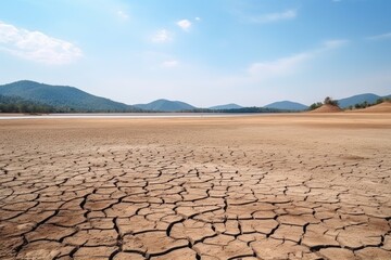 A wide, parched riverbed with surrounding hills depicts a desolate landscape suffering from prolonged drought. Dry Riverbed and Hills in Drought Landscape
