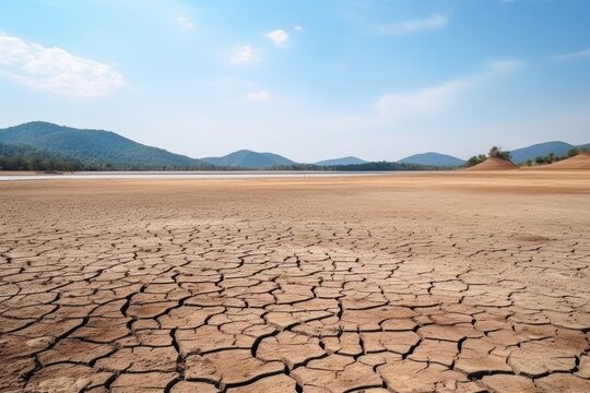 A wide, parched riverbed with surrounding hills depicts a desolate landscape suffering from prolonged drought. Dry Riverbed and Hills in Drought Landscape