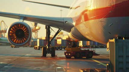 Cargo Plane Unloading Containers at Airport Terminal