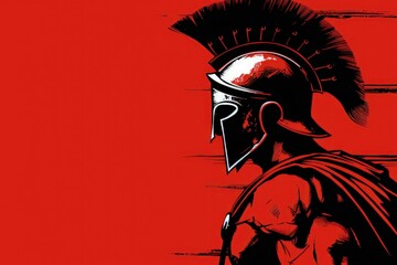 Spartan soldier illustration, red background.