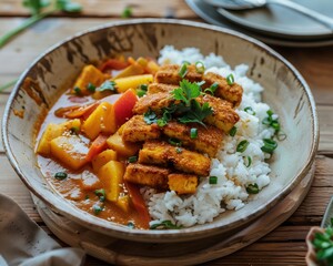 Traditional Tofu Katsu Curry Homemade. rice with meat. asian dish