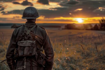 Landscape with WWII soldier on his back, field in the background with sunset.
