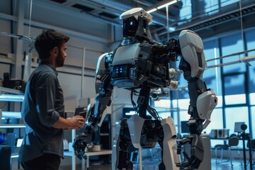 Engineer Interacting with Advanced Humanoid Robot in Lab