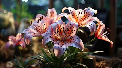 Realistic and Cute Lilies in Lush Greenery on Sunny Day
