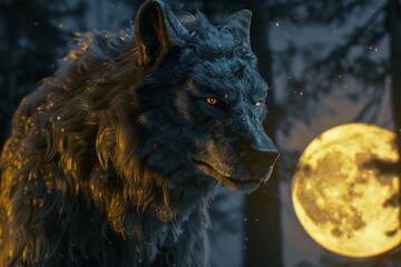 Werewolf in a dark forest, full moon in the background, fantasy concept.
