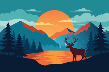 beautiful wildlife landscape with reindeer lake mountains and forest at sunset vector illustration