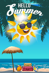 Hello Summer Holiday poster Sun cartoon character