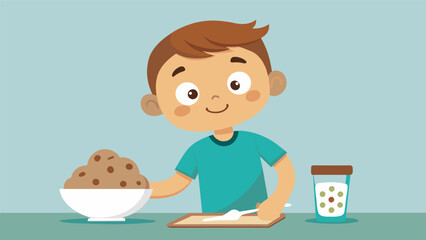 A little boy carefully measuring out flour and sugar his face scrunched in concentration as he follows the recipe for chocolate chip cookies.
