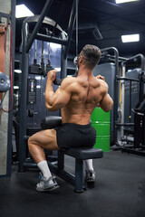Strong, muscular man pulling training apparatus, while exercising in gym. Back view of anonymous healthy man in shorts, building back muscles, working out. Sport, lifestyle, bodybuilding concept.