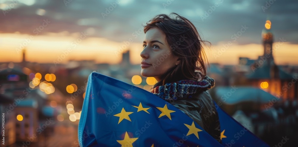 Wall mural young woman with european flag