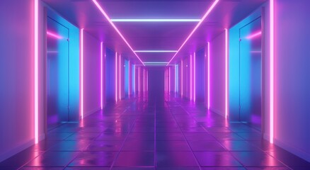 Fototapeta premium 3d rendering of a corridor room with futuristic purple neon light.
