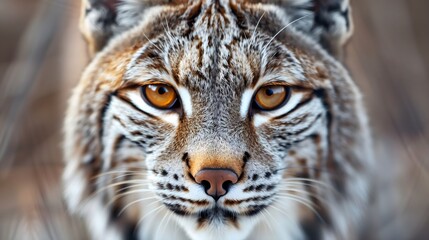 Obraz premium Male, American Bobcat in natural habitat, looking at camera, extreme closeup portrait, animal face, amber eyes, Wild life photo, predator