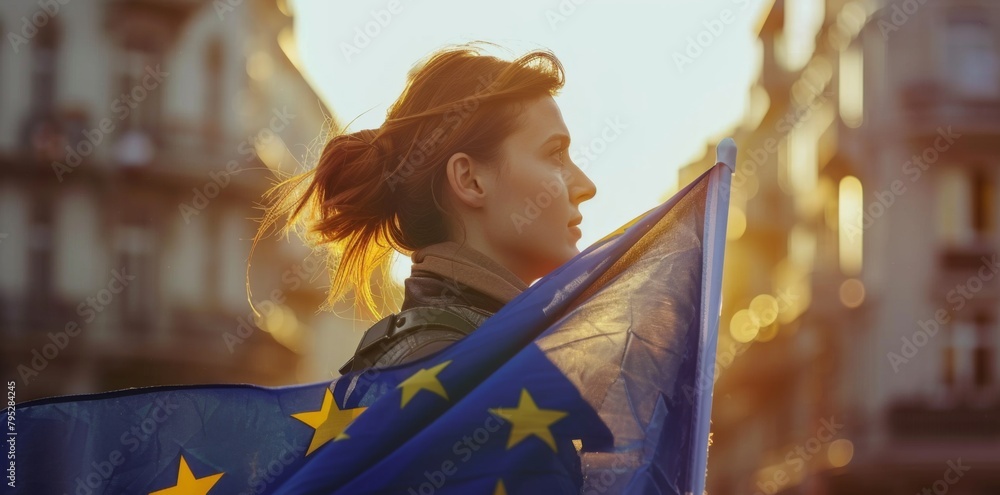 Wall mural Young woman holds European flag in her hands