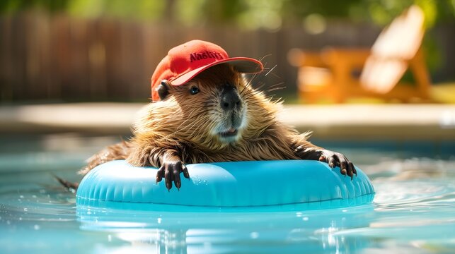 a beaver in a red baseball cap relaxing on a pool float giving thumbs up, summer day