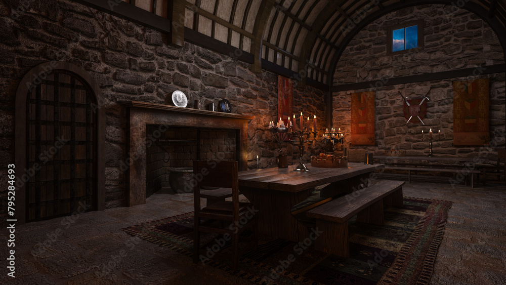 Poster medieval castle dining hall with table and seats by an open fireplace. 3d rendered illustration.