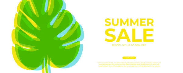 Summer Sale. Summertime commercial banner with palm leaf for seasonal shopping promotion and sale advertising. Vector illustration.