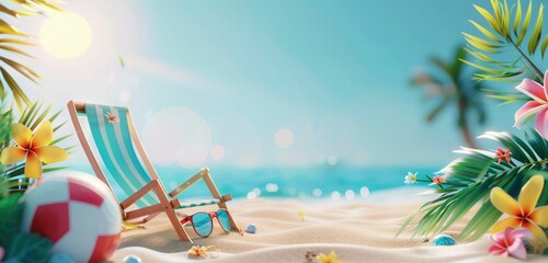 Summertime season horizontal sale banner with sun glasses and a deck chair with palm leaves and summer elements against a blue sky background copy space for text