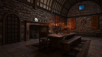 Medieval castle dining hall with table and seats by an open fireplace. 3D rendered illustration.