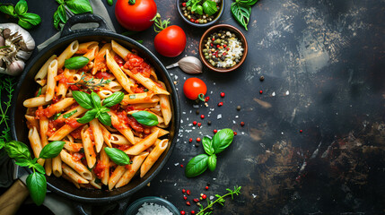 Casserole of tasty penne pasta with tomato sauce on table