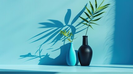 A blue vase and a black vase are sitting on a blue table against a blue background. The shadow of a palm frond is on the wall behind the vases.

