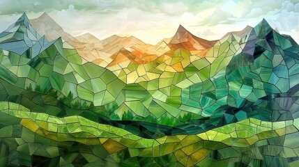 Mountains mosaic with a stained glass illusion being swept by the wind
