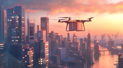 Modern drone with a small package hovers against a sleek smart city skyline muted sunset tones reflecting on polished buildings --ar 16:9 --stylize 150 Job ID: 3c76784a-c22d-4d46-af87-178ba4abe2d6