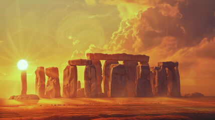 
Golden Stonehenge at Sunset. A breathtaking scene of Stonehenge under the warm glow of a setting sun, radiating a mystical atmosphere across the ancient stones and the surrounding moor