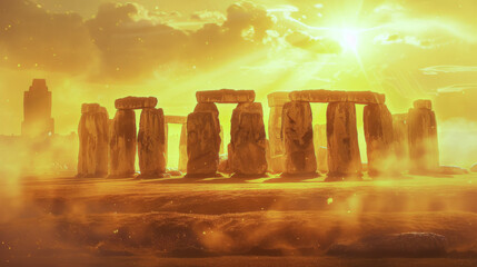 
Golden Stonehenge at Sunset. A breathtaking scene of Stonehenge under the warm glow of a setting sun, radiating a mystical atmosphere across the ancient stones and the surrounding moor
