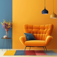  Modern Living Space with Orange Sofa and Colorful Home Decor
