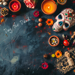 Background for "Day of the Dead", with symbols of the holiday on the right with space for text, top view Job 