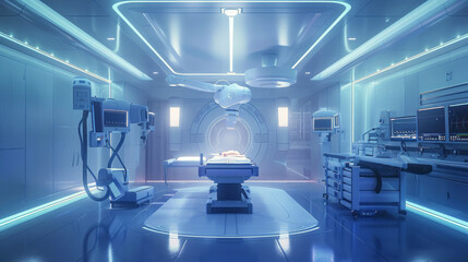 Futuristic Surgical Precision A state-of-the-art AI surgical robot stands ready in a modern operating room bathed in calming blue light, showcasing the intersection of technology and medicine