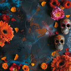 Background for "Day of the Dead", with symbols of the holiday on the right with space for text, top view Job 