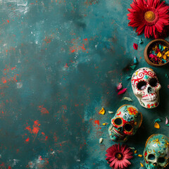  "Día de los Muertos Tribute" Traditional Day of the Dead offerings with vibrant marigolds, skull decor, and lit candles, set against a rustic backdrop.