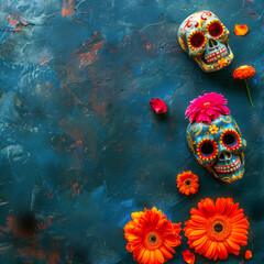  "Día de los Muertos Tribute" Traditional Day of the Dead offerings with vibrant marigolds, skull decor, and lit candles, set against a rustic backdrop.