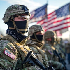 Patriotic Duty in Focus. A close-up of a soldier in camouflage, helmet, and tactical gear, with the American flag unfurling in the background. 