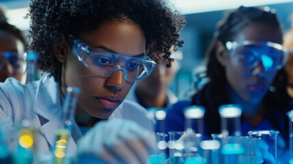 A high-resolution photo of a diverse team of scientists in a lab setting, with a female researcher as the focal point, her concentration 