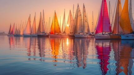 Tranquil harbor  sailboats of various sizes with vibrant sails mirrored in serene waters