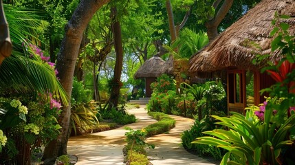 Secluded sandy walkway through a vibrant tropical garden, great for travel and eco-tourism themes.