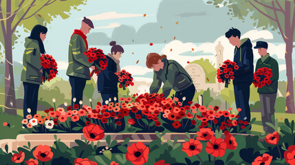 Illustration of a community laying wreaths and flowers at a local war memorial, community events, Memorial Day